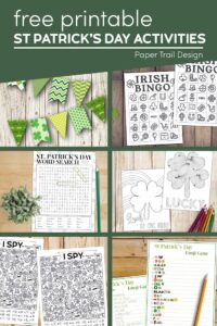 Fun St Patrick's Day activities to print for free with text overlay- free printable St Patrick's Day activities