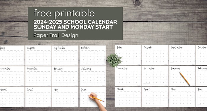 Monthly school calendar pages to print with text overlay- free printable 2024-2025 school calendar Sunday and Monday start