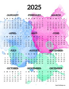 Watercolor 2025 printable calendar one page