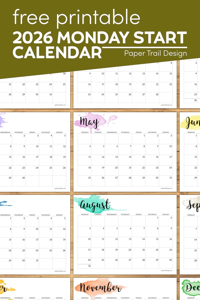 2026 Monday Start Calendar - Printable Watercolor - Paper Trail Design