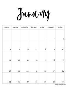 Monday start January 2027 calendar month in vertical format
