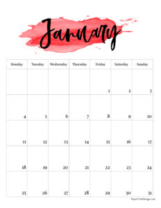 Monday start watercolor 2027 calendar month for January