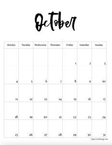 Monday start October 2027 calendar month in vertical format