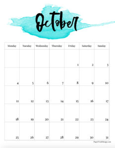 Monday start watercolor 2027 calendar month for October