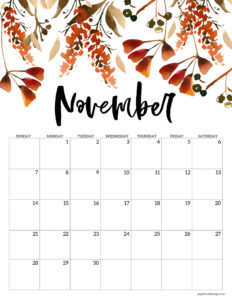 Printable November 2027 calendar in floral design and vertical format