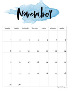 Monday start watercolor 2027 calendar month for November