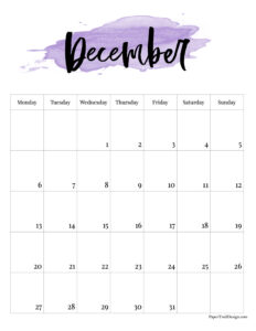 Monday start watercolor 2027 calendar month for December