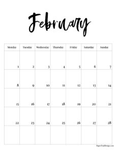 Monday start February 2027 calendar month in vertical format