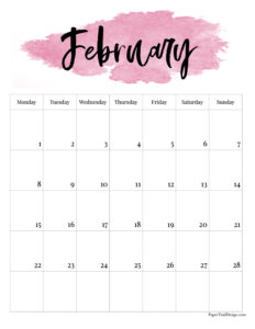 Monday start watercolor 2027 calendar month for February