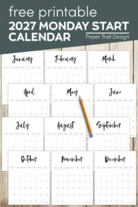 2027 vertical Monday start calendar months with text overlay- free printable 2027 Monday start calendar