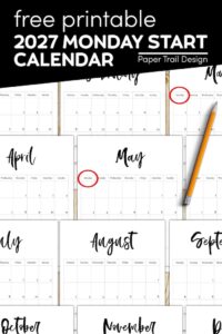 Vertical 2027 Monday start calendar pages with text overlay- free printable 2027 Monday start calendar