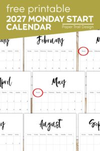 Cute and basic 2027 Monday start vertical calendar months with text overlay- free printable 2027 Monday start calendar