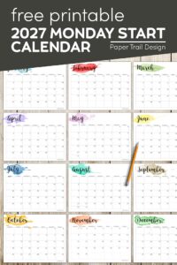 Monday start 2027 Watercolor calendar months to print for free with text overlay - free printable 2027 Monday start calendar