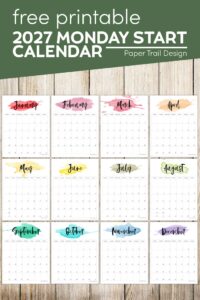 Watercolor Monday start 2027 calendar templates with text overlay- free printable 2027 Monday start calendar