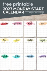 Monday start 2027 watercolor calendar pages with text overlay- free printable 2027 Monday start calendar