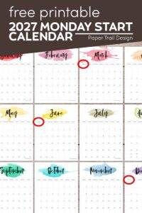 Watercolor 2027 Monday start calendar templates with text overlay- free printable 2027 Monday start calendar