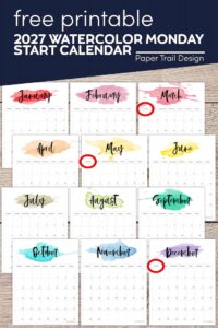 2027 Monday start watercolor calendar months with text overlay- free printable 2027 Monday start calendar