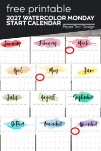 Monday start watercolor 2027 calendar months with text overlay- free printable 2027 watercolor Monday start calendar