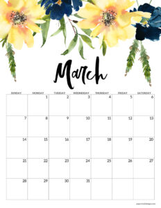 Printable March 2027 calendar in floral design and vertical format