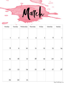 Monday start watercolor 2027 calendar month for March