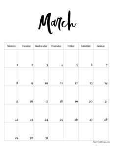 Monday start March 2027 calendar month in vertical format