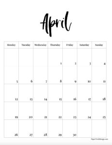 Monday start April 2027 calendar month in vertical format