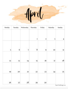 Monday start watercolor 2027 calendar month for April