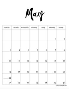 Monday start May 2027 calendar month in vertical format