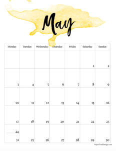 Monday start watercolor 2027 calendar month for May