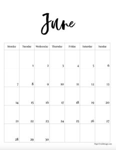 Monday start June 2027 calendar month in vertical format