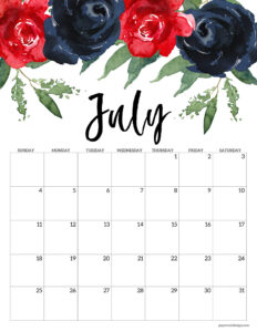 Printable July 2027 calendar in floral design and vertical format