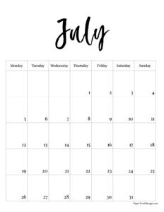 Monday start July 2027 calendar month in vertical format
