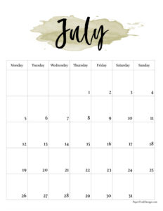 Monday start watercolor 2027 calendar month for July