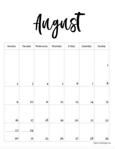 Monday start August 2027 calendar month in vertical format