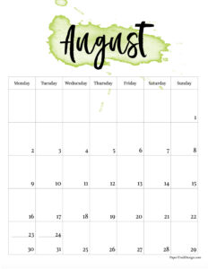 Monday start watercolor 2027 calendar month for August
