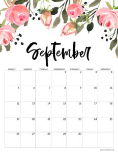 Printable September 2027 calendar in floral design and vertical format
