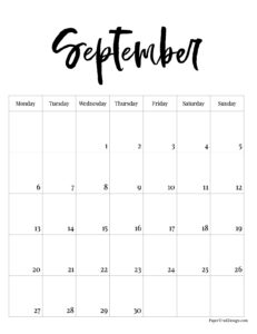 Monday start September 2027 calendar month in vertical format