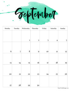 Monday start watercolor 2027 calendar month for September