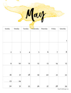Watercolor May 2027 calendar template page with yellow watercolor splash
