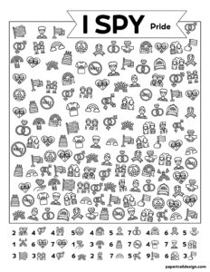 I spy pride activity page to print for free for a pride event