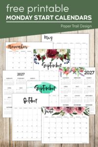 Monday start calendar options to print for free for 2027