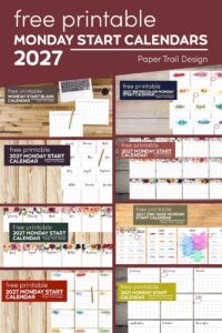 Monday start calendars in different formats for 2027