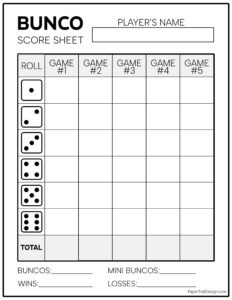 Bunco score card to print for free