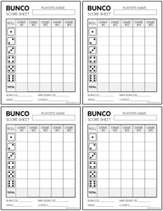 Bunco table score sheets with 4 per page