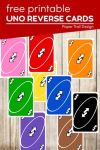 Uno reverse cards in every color with text overlay- free printable Uno reverse cards