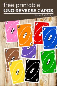 Uno reverse card in every color with text overlay- free printable Uno reverse cards