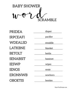 Baby shower word scramble game answer sheet to print for free