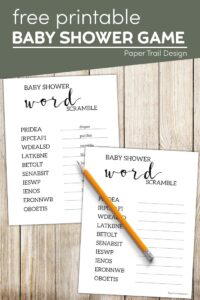 Baby shower game idea baby shower word scramble with text overlay- free printable baby shower game
