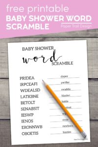 Baby shower word scramble answer sheet with text overlay- free printable baby shower word scramble