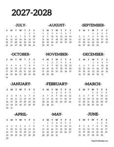 One page 2027-2028 school year calendar printable basic